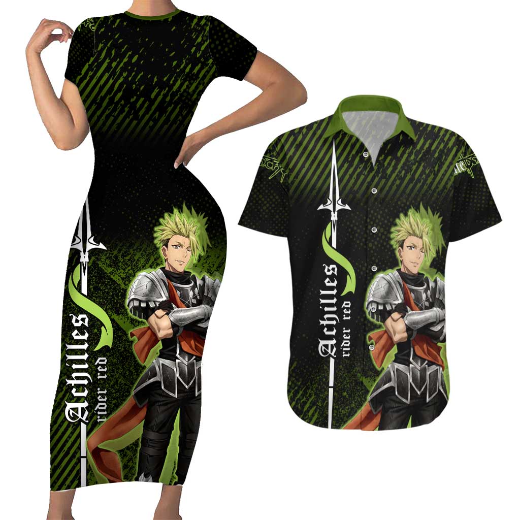 Achilles Fate Apocrypha Theme Couples Matching Short Sleeve Bodycon Dress and Hawaiian Shirt with Spear Pose and Green Black Grunge Graphic Design - The Mazicc
