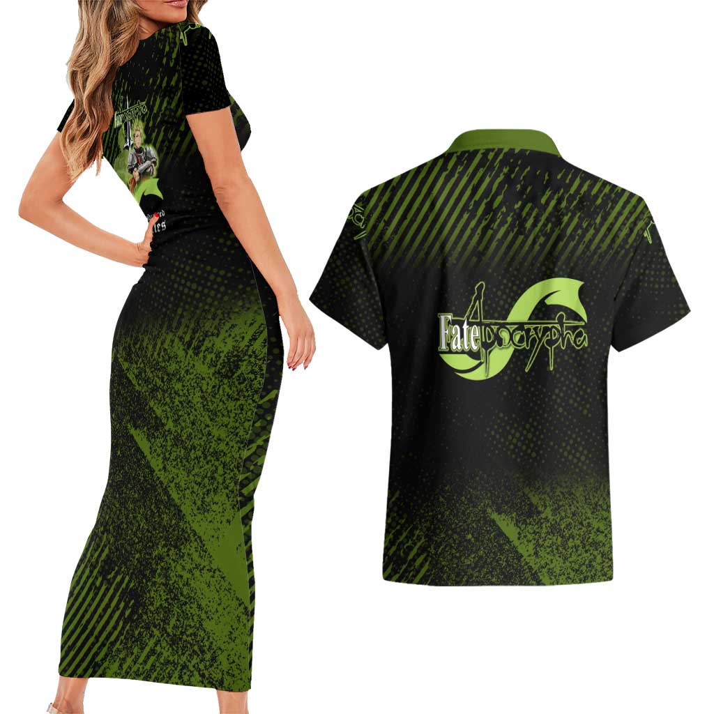 Achilles Fate Apocrypha Theme Couples Matching Short Sleeve Bodycon Dress and Hawaiian Shirt with Spear Pose and Green Black Grunge Graphic Design - The Mazicc