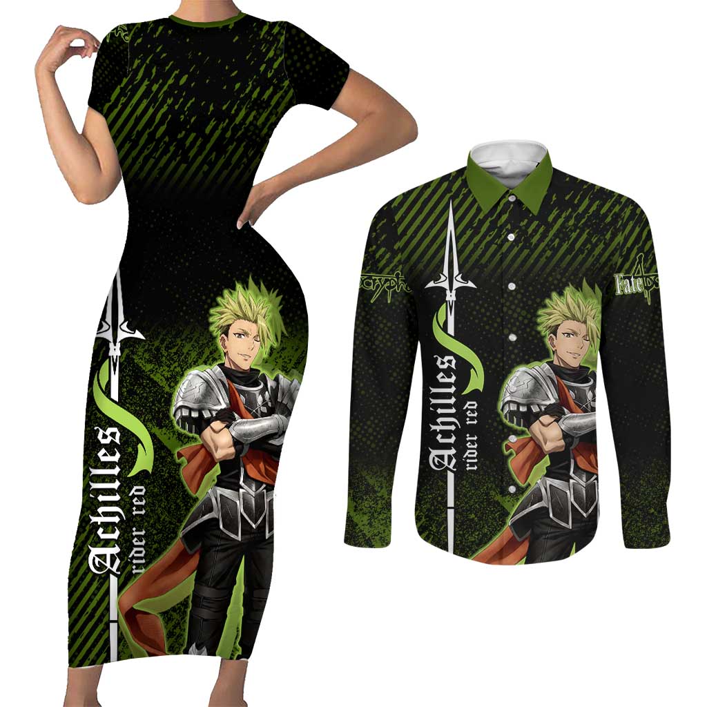 Achilles Fate Apocrypha Theme Couples Matching Short Sleeve Bodycon Dress and Long Sleeve Button Shirt with Spear Pose and Green Black Grunge Graphic Design - The Mazicc