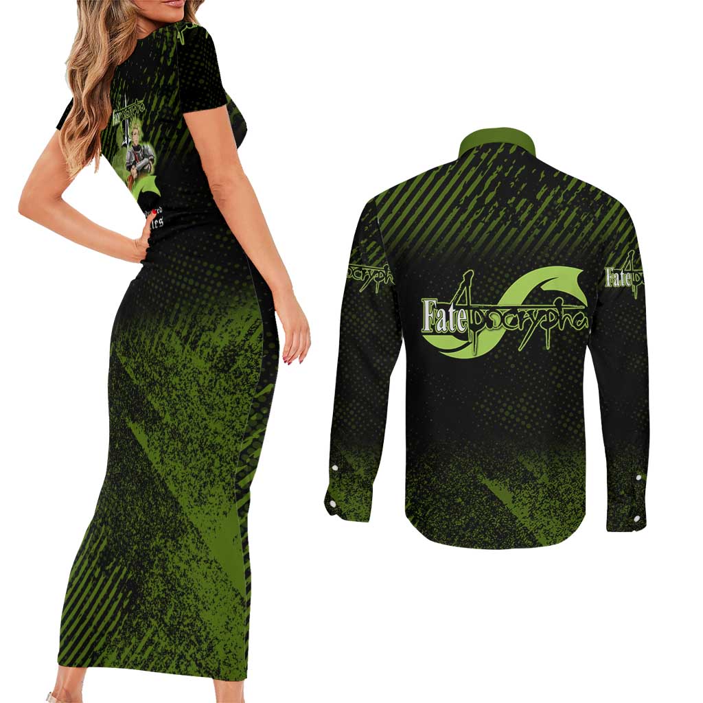 Achilles Fate Apocrypha Theme Couples Matching Short Sleeve Bodycon Dress and Long Sleeve Button Shirt with Spear Pose and Green Black Grunge Graphic Design - The Mazicc
