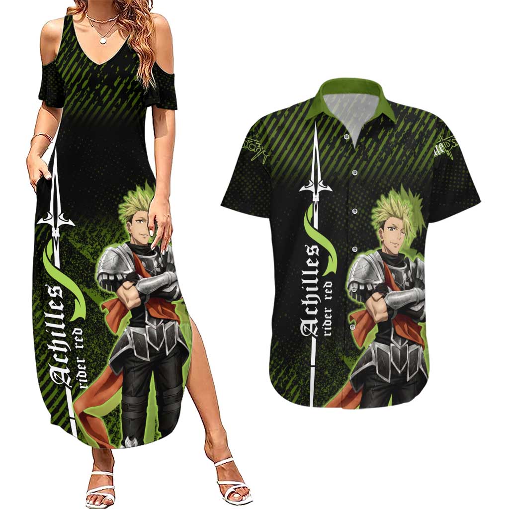 Achilles Fate Apocrypha Theme Couples Matching Summer Maxi Dress and Hawaiian Shirt with Spear Pose and Green Black Grunge Graphic Design - The Mazicc