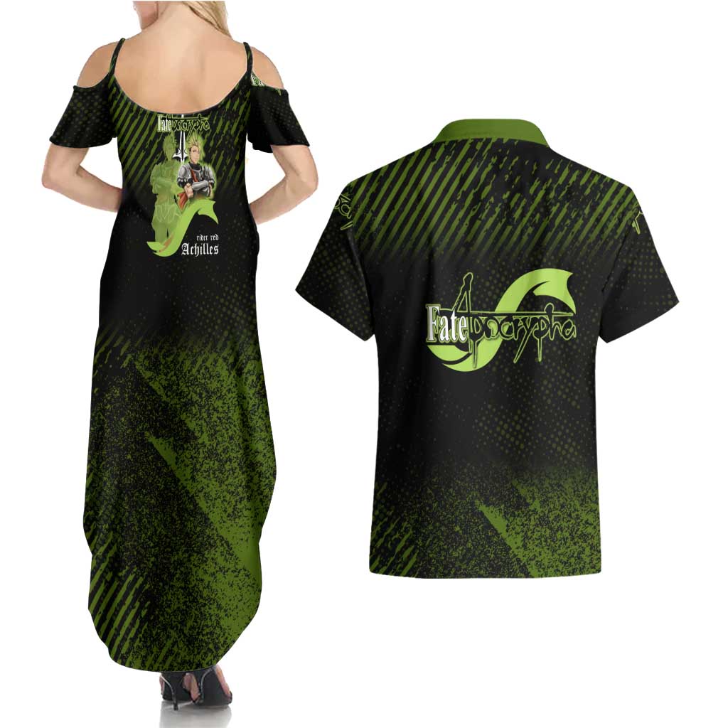 Achilles Fate Apocrypha Theme Couples Matching Summer Maxi Dress and Hawaiian Shirt with Spear Pose and Green Black Grunge Graphic Design - The Mazicc