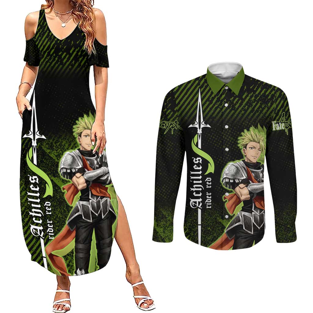 Achilles Fate Apocrypha Theme Couples Matching Summer Maxi Dress and Long Sleeve Button Shirt with Spear Pose and Green Black Grunge Graphic Design - The Mazicc