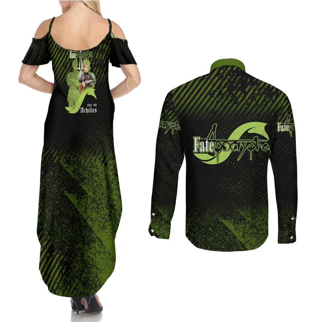 Achilles Fate Apocrypha Theme Couples Matching Summer Maxi Dress and Long Sleeve Button Shirt with Spear Pose and Green Black Grunge Graphic Design - The Mazicc