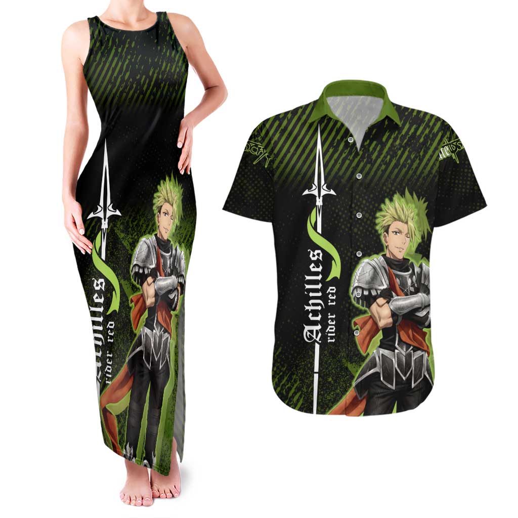 Achilles Fate Apocrypha Theme Couples Matching Tank Maxi Dress and Hawaiian Shirt with Spear Pose and Green Black Grunge Graphic Design - The Mazicc