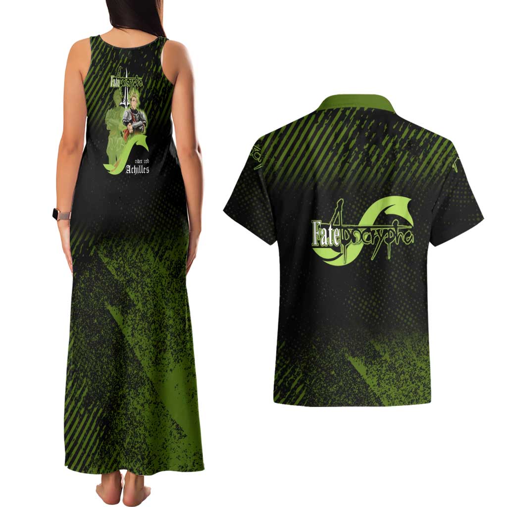 Achilles Fate Apocrypha Theme Couples Matching Tank Maxi Dress and Hawaiian Shirt with Spear Pose and Green Black Grunge Graphic Design - The Mazicc