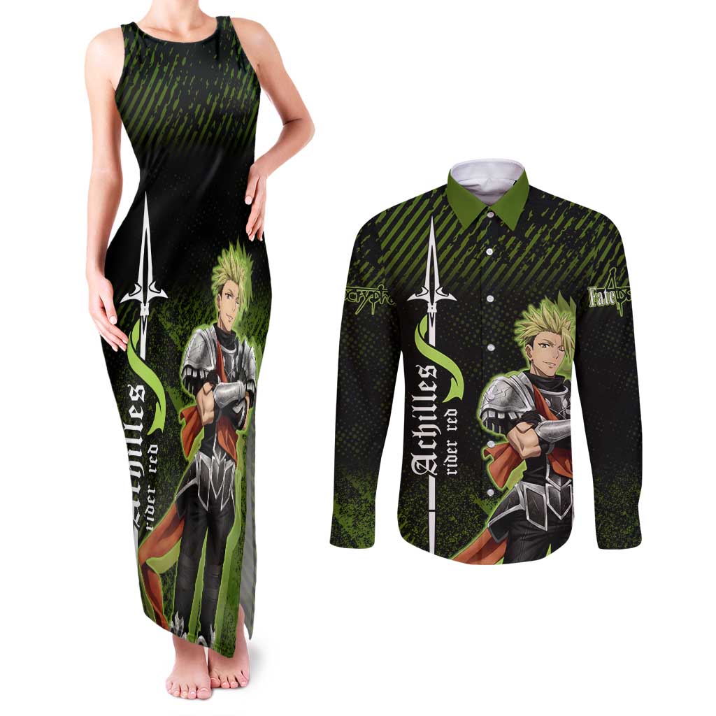 Achilles Fate Apocrypha Theme Couples Matching Tank Maxi Dress and Long Sleeve Button Shirt with Spear Pose and Green Black Grunge Graphic Design - The Mazicc