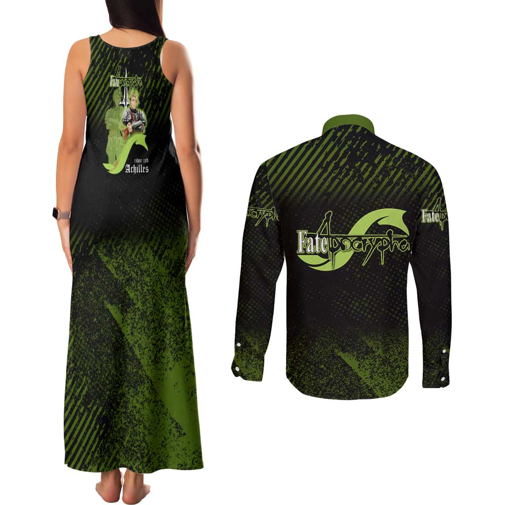 Achilles Fate Apocrypha Theme Couples Matching Tank Maxi Dress and Long Sleeve Button Shirt with Spear Pose and Green Black Grunge Graphic Design - The Mazicc