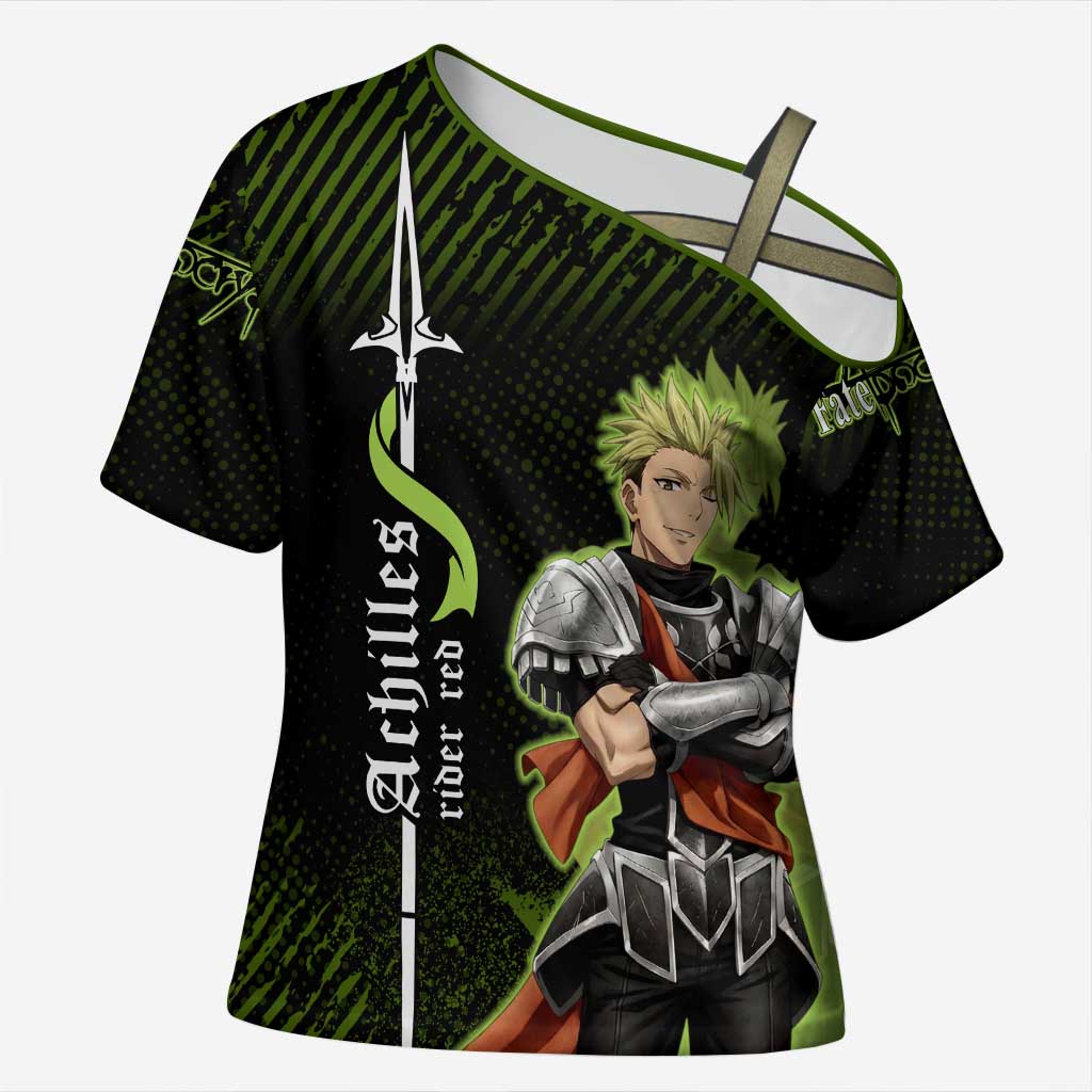 Achilles Fate Apocrypha Theme Cross Shoulder Shirt with Spear Pose and Green Black Grunge Graphic Design - The Mazicc