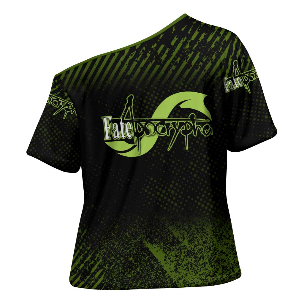 Achilles Fate Apocrypha Theme Cross Shoulder Shirt with Spear Pose and Green Black Grunge Graphic Design - The Mazicc