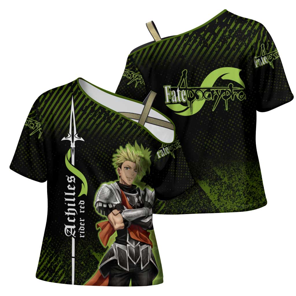 Achilles Fate Apocrypha Theme Cross Shoulder Shirt with Spear Pose and Green Black Grunge Graphic Design - The Mazicc