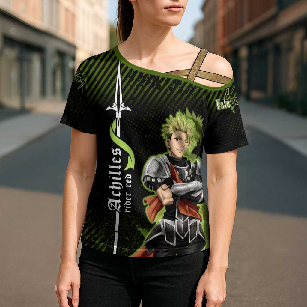Achilles Fate Apocrypha Theme Cross Shoulder Shirt with Spear Pose and Green Black Grunge Graphic Design - The Mazicc