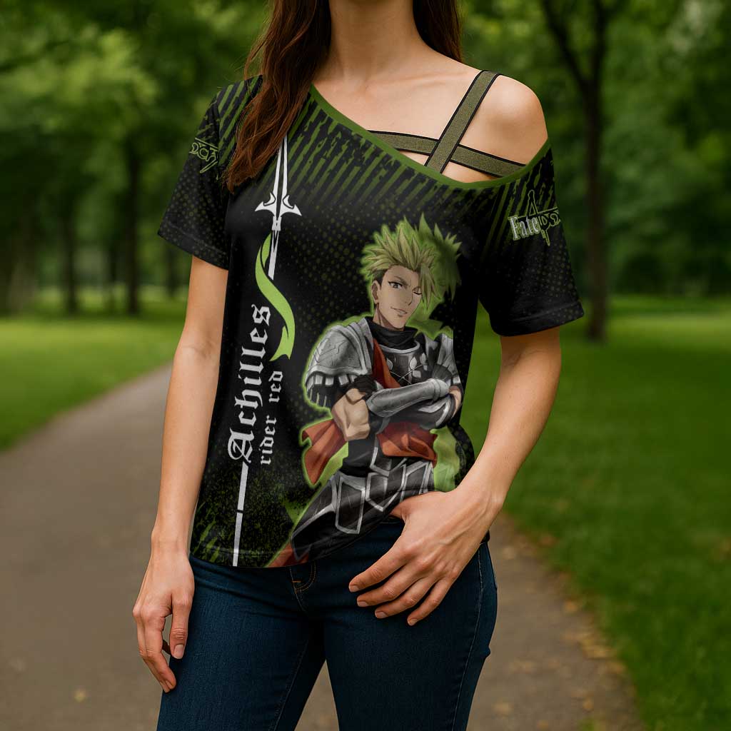Achilles Fate Apocrypha Theme Cross Shoulder Shirt with Spear Pose and Green Black Grunge Graphic Design - The Mazicc