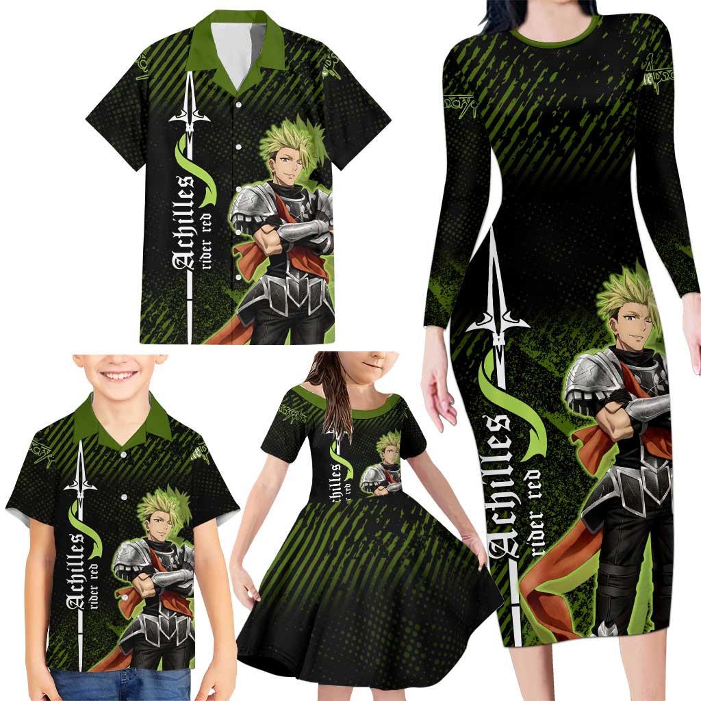 Achilles Fate Apocrypha Theme Family Matching Long Sleeve Bodycon Dress and Hawaiian Shirt with Spear Pose and Green Black Grunge Graphic Design