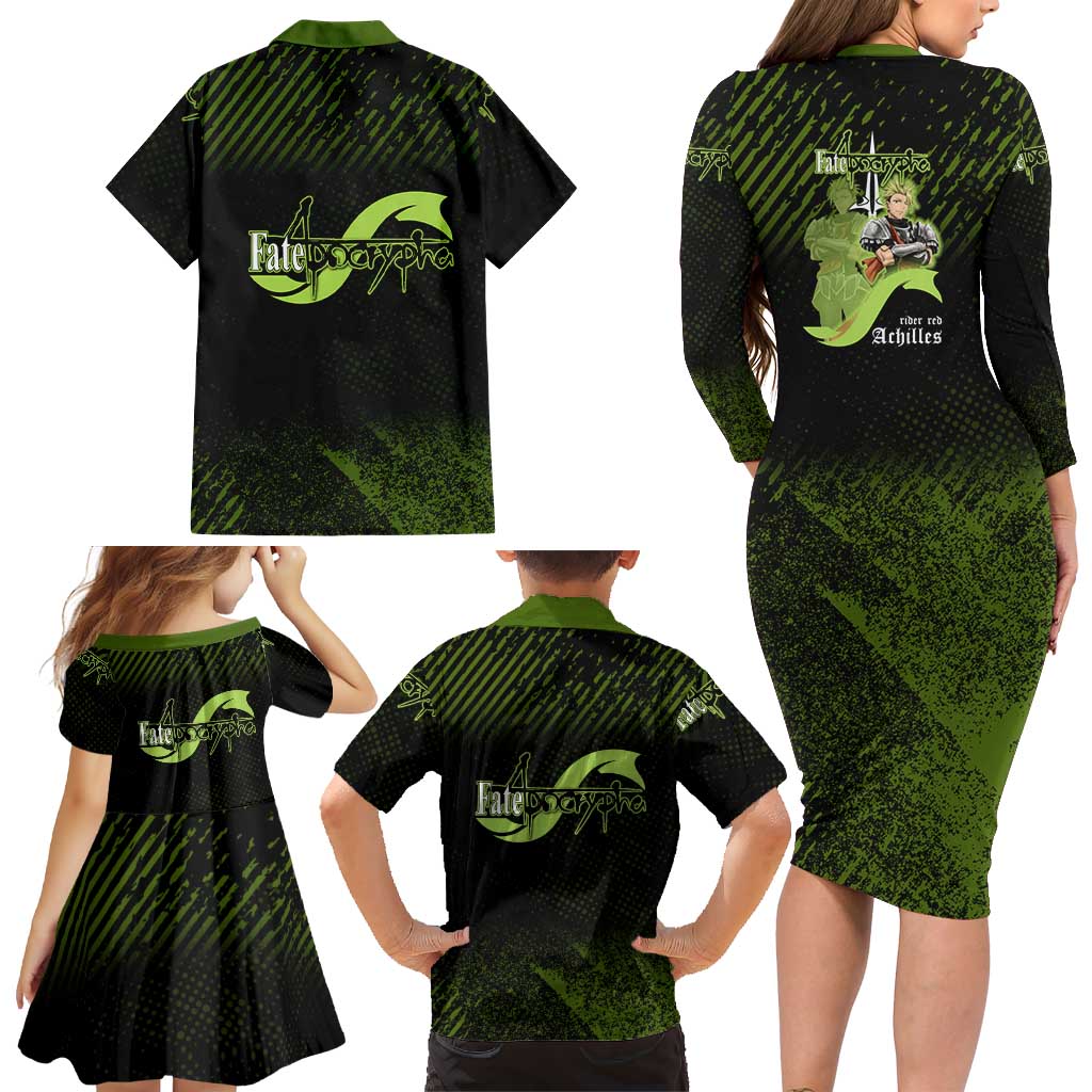 Achilles Fate Apocrypha Theme Family Matching Long Sleeve Bodycon Dress and Hawaiian Shirt with Spear Pose and Green Black Grunge Graphic Design