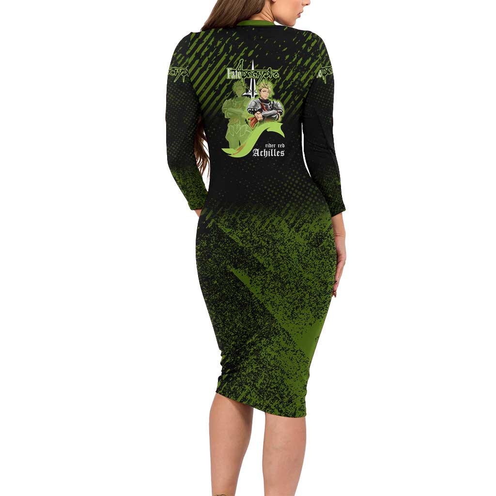 Achilles Fate Apocrypha Theme Family Matching Long Sleeve Bodycon Dress and Hawaiian Shirt with Spear Pose and Green Black Grunge Graphic Design