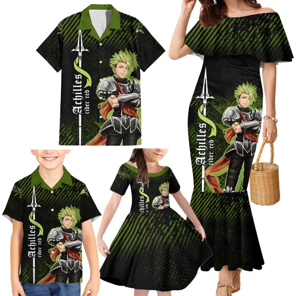 Achilles Fate Apocrypha Theme Family Matching Mermaid Dress and Hawaiian Shirt with Spear Pose and Green Black Grunge Graphic Design