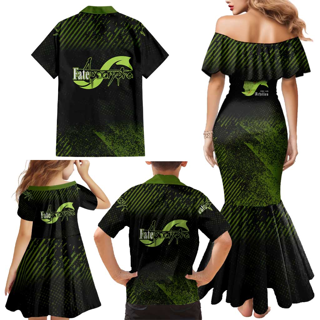 Achilles Fate Apocrypha Theme Family Matching Mermaid Dress and Hawaiian Shirt with Spear Pose and Green Black Grunge Graphic Design