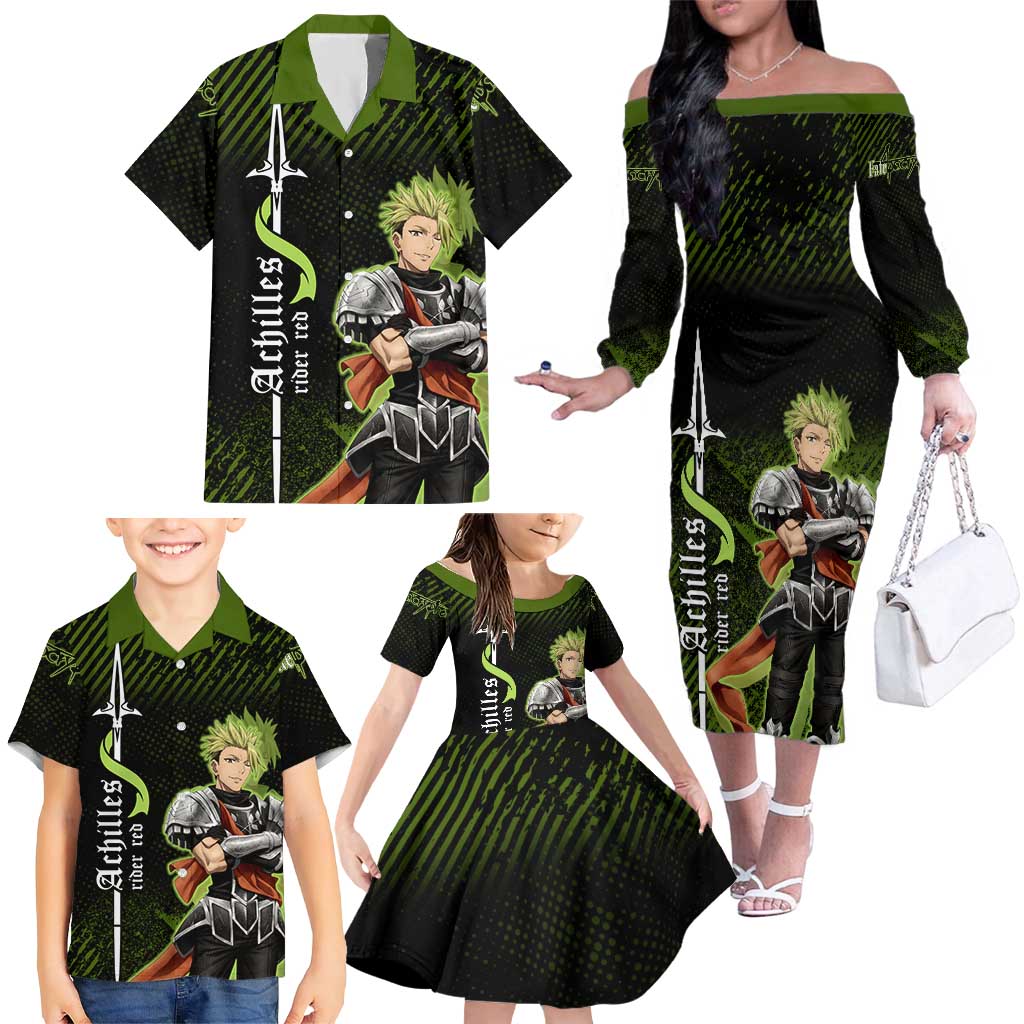 Achilles Fate Apocrypha Theme Family Matching Off The Shoulder Long Sleeve Dress and Hawaiian Shirt with Spear Pose and Green Black Grunge Graphic Design