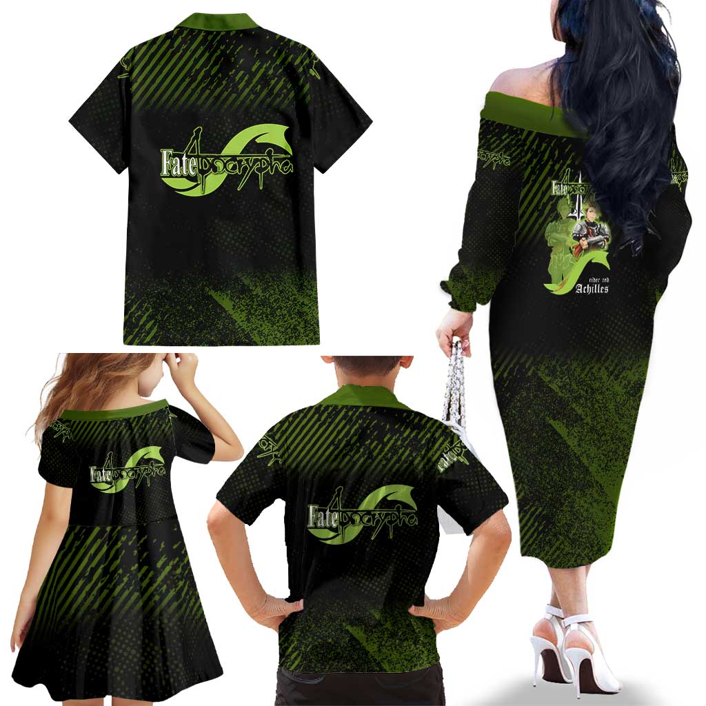Achilles Fate Apocrypha Theme Family Matching Off The Shoulder Long Sleeve Dress and Hawaiian Shirt with Spear Pose and Green Black Grunge Graphic Design
