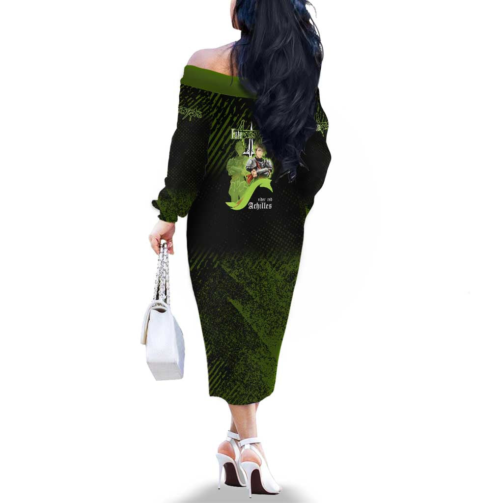 Achilles Fate Apocrypha Theme Family Matching Off The Shoulder Long Sleeve Dress and Hawaiian Shirt with Spear Pose and Green Black Grunge Graphic Design
