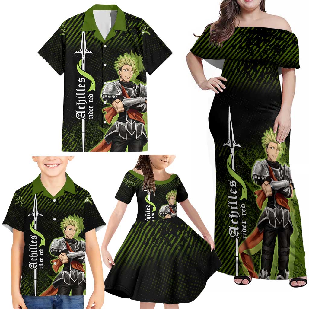 Achilles Fate Apocrypha Theme Family Matching Off Shoulder Maxi Dress and Hawaiian Shirt with Spear Pose and Green Black Grunge Graphic Design