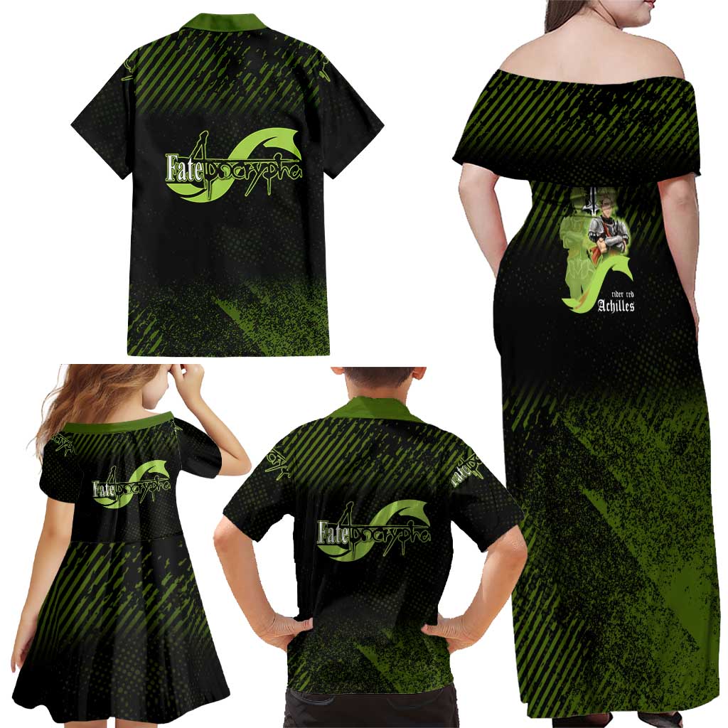 Achilles Fate Apocrypha Theme Family Matching Off Shoulder Maxi Dress and Hawaiian Shirt with Spear Pose and Green Black Grunge Graphic Design