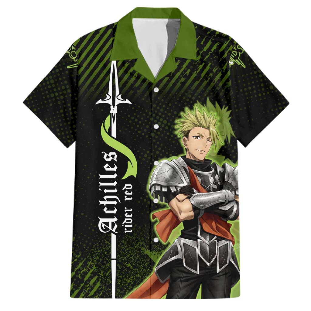 Achilles Fate Apocrypha Theme Family Matching Off Shoulder Maxi Dress and Hawaiian Shirt with Spear Pose and Green Black Grunge Graphic Design