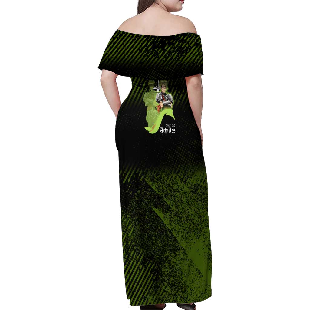 Achilles Fate Apocrypha Theme Family Matching Off Shoulder Maxi Dress and Hawaiian Shirt with Spear Pose and Green Black Grunge Graphic Design