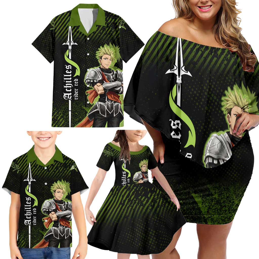 Achilles Fate Apocrypha Theme Family Matching Off Shoulder Short Dress and Hawaiian Shirt with Spear Pose and Green Black Grunge Graphic Design