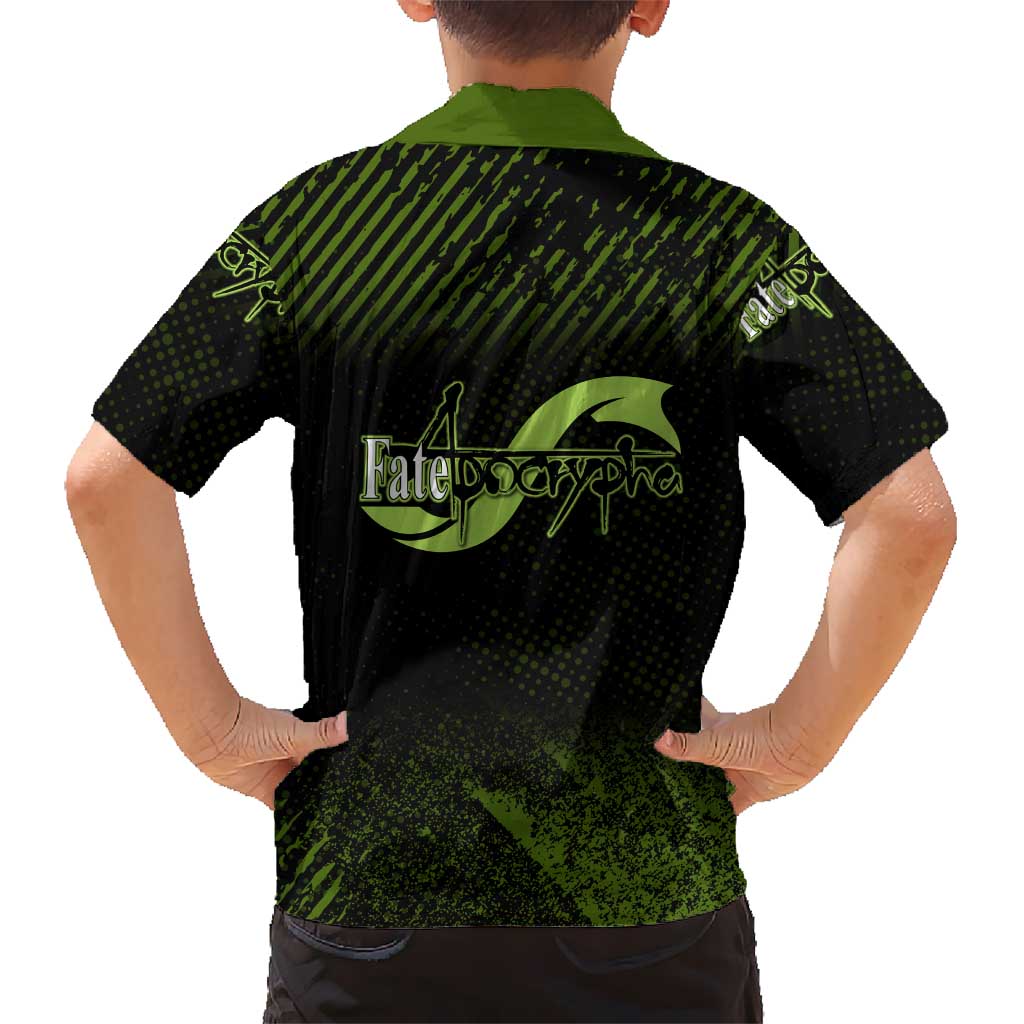 Achilles Fate Apocrypha Theme Family Matching Off Shoulder Short Dress and Hawaiian Shirt with Spear Pose and Green Black Grunge Graphic Design