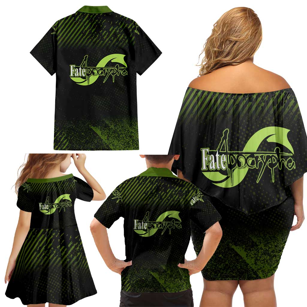 Achilles Fate Apocrypha Theme Family Matching Off Shoulder Short Dress and Hawaiian Shirt with Spear Pose and Green Black Grunge Graphic Design