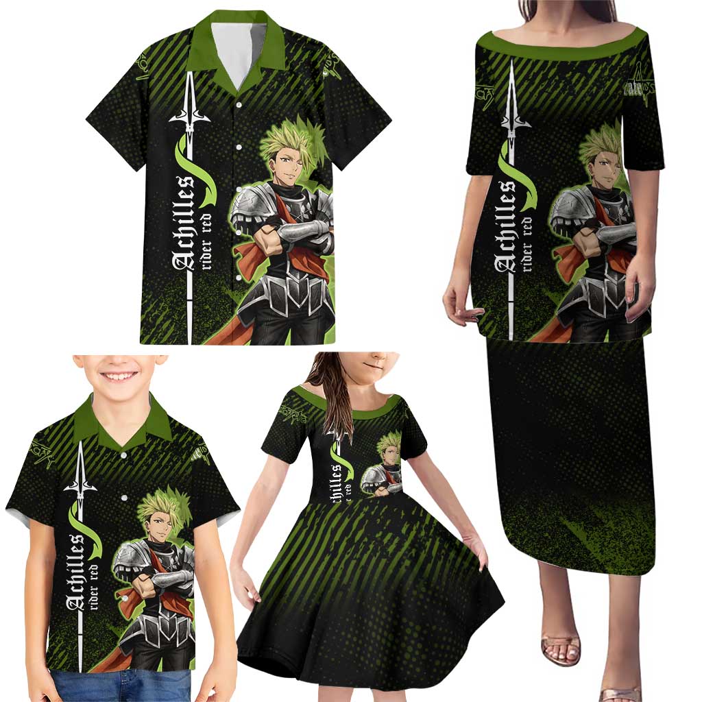 Achilles Fate Apocrypha Theme Family Matching Puletasi and Hawaiian Shirt with Spear Pose and Green Black Grunge Graphic Design