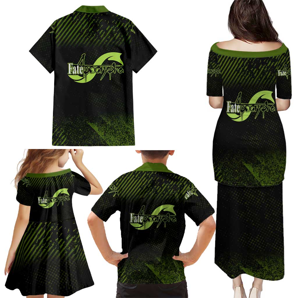 Achilles Fate Apocrypha Theme Family Matching Puletasi and Hawaiian Shirt with Spear Pose and Green Black Grunge Graphic Design