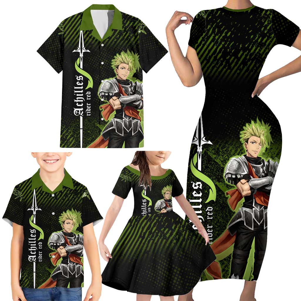 Achilles Fate Apocrypha Theme Family Matching Short Sleeve Bodycon Dress and Hawaiian Shirt with Spear Pose and Green Black Grunge Graphic Design