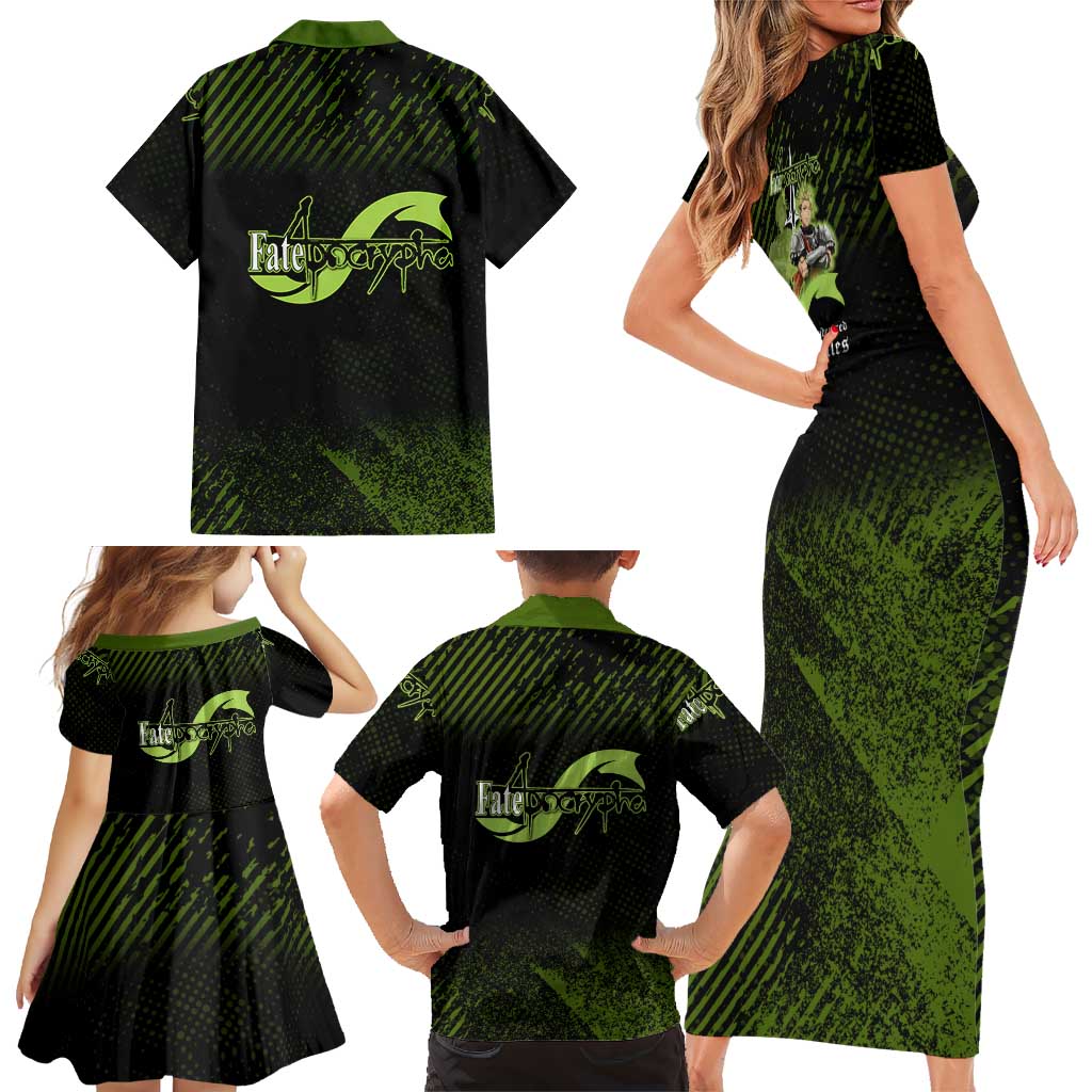Achilles Fate Apocrypha Theme Family Matching Short Sleeve Bodycon Dress and Hawaiian Shirt with Spear Pose and Green Black Grunge Graphic Design