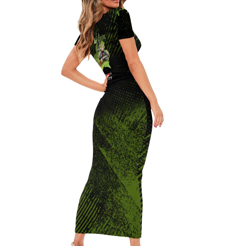 Achilles Fate Apocrypha Theme Family Matching Short Sleeve Bodycon Dress and Hawaiian Shirt with Spear Pose and Green Black Grunge Graphic Design