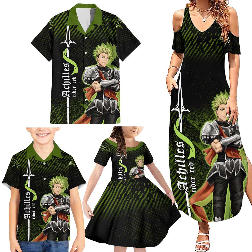 Achilles Fate Apocrypha Theme Family Matching Summer Maxi Dress and Hawaiian Shirt with Spear Pose and Green Black Grunge Graphic Design