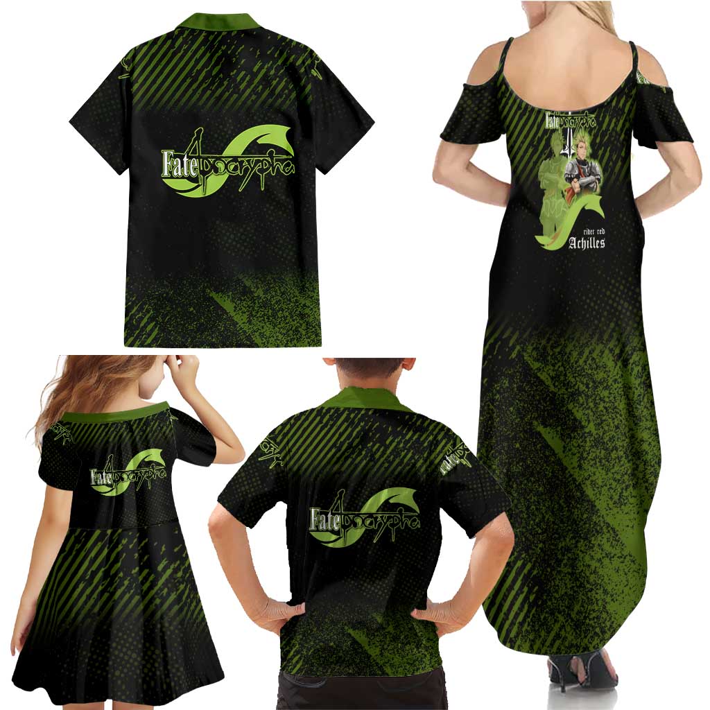 Achilles Fate Apocrypha Theme Family Matching Summer Maxi Dress and Hawaiian Shirt with Spear Pose and Green Black Grunge Graphic Design