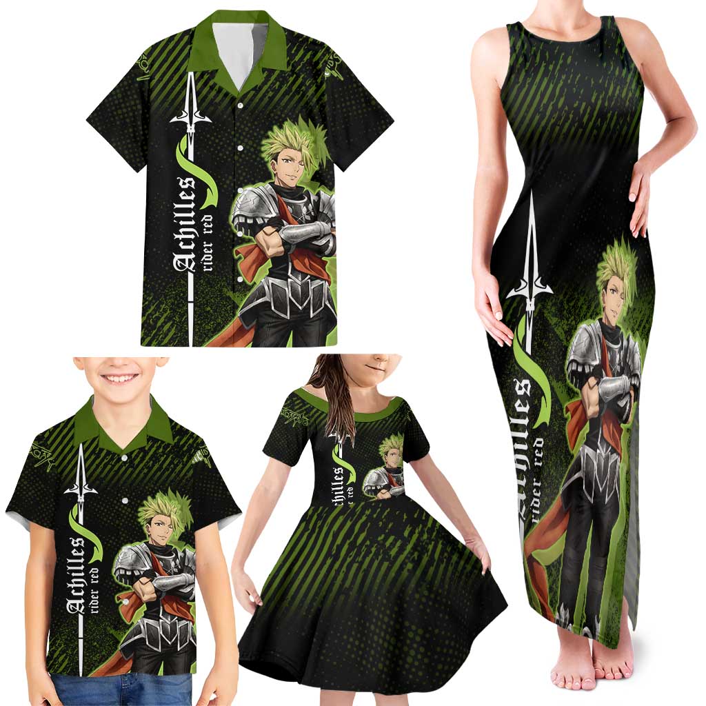 Achilles Fate Apocrypha Theme Family Matching Tank Maxi Dress and Hawaiian Shirt with Spear Pose and Green Black Grunge Graphic Design