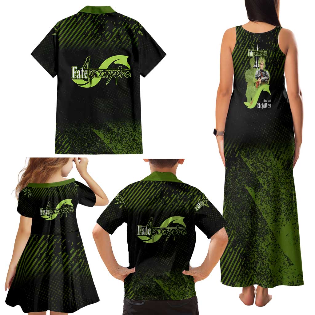 Achilles Fate Apocrypha Theme Family Matching Tank Maxi Dress and Hawaiian Shirt with Spear Pose and Green Black Grunge Graphic Design
