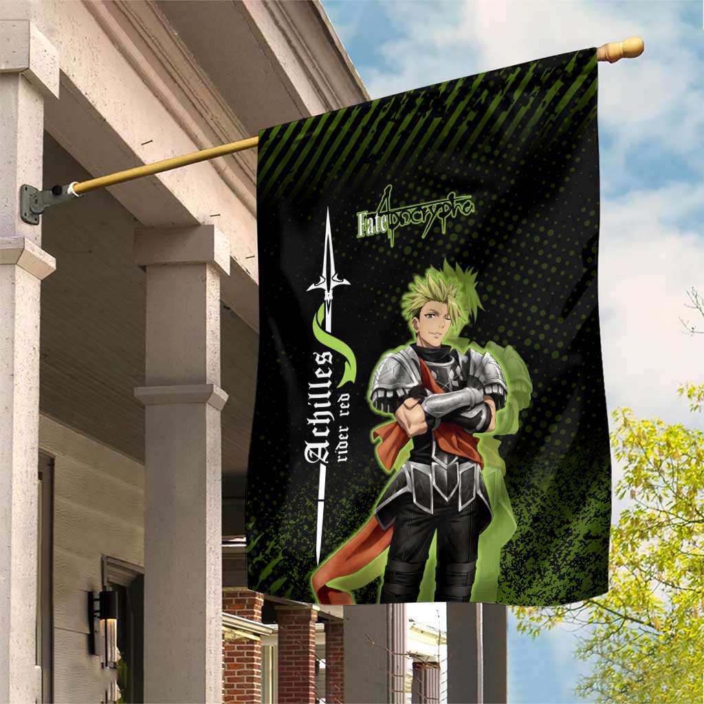 Achilles Fate Apocrypha Theme Garden Flag with Spear Pose and Green Black Grunge Graphic Design - The Mazicc