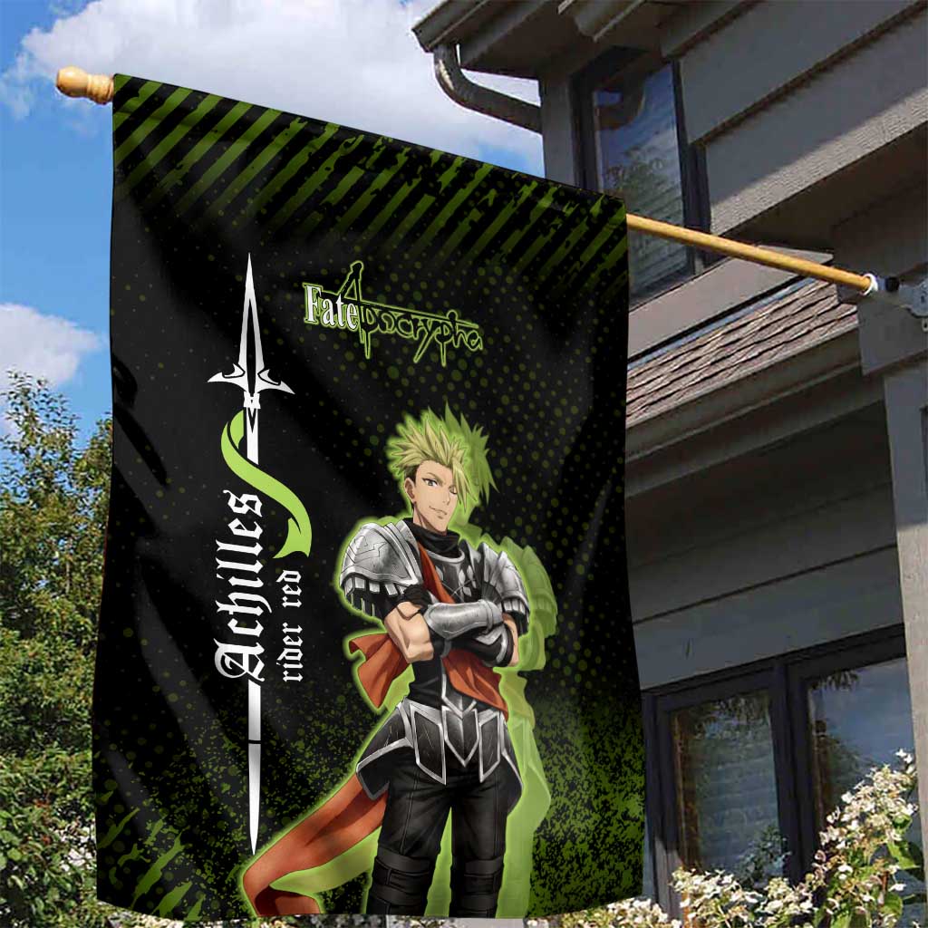 Achilles Fate Apocrypha Theme Garden Flag with Spear Pose and Green Black Grunge Graphic Design - The Mazicc