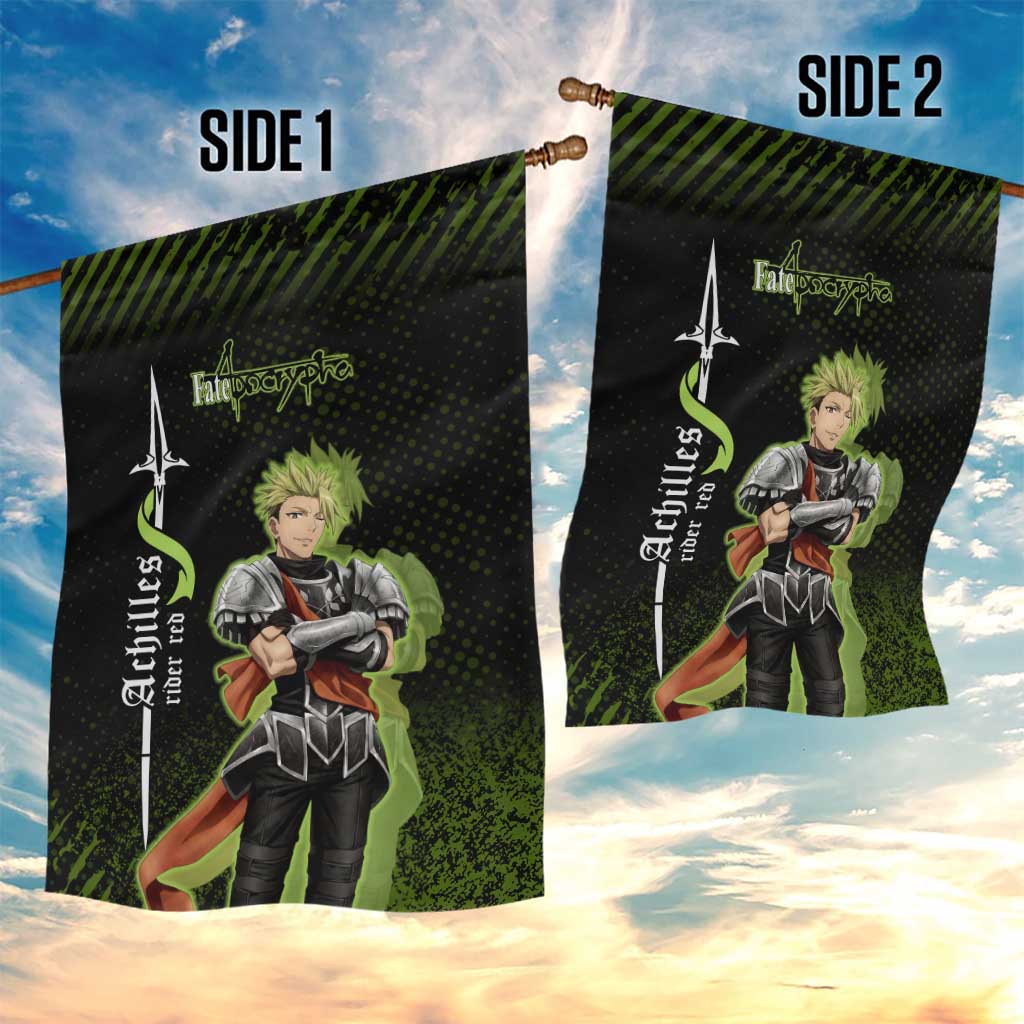 Achilles Fate Apocrypha Theme Garden Flag with Spear Pose and Green Black Grunge Graphic Design - The Mazicc