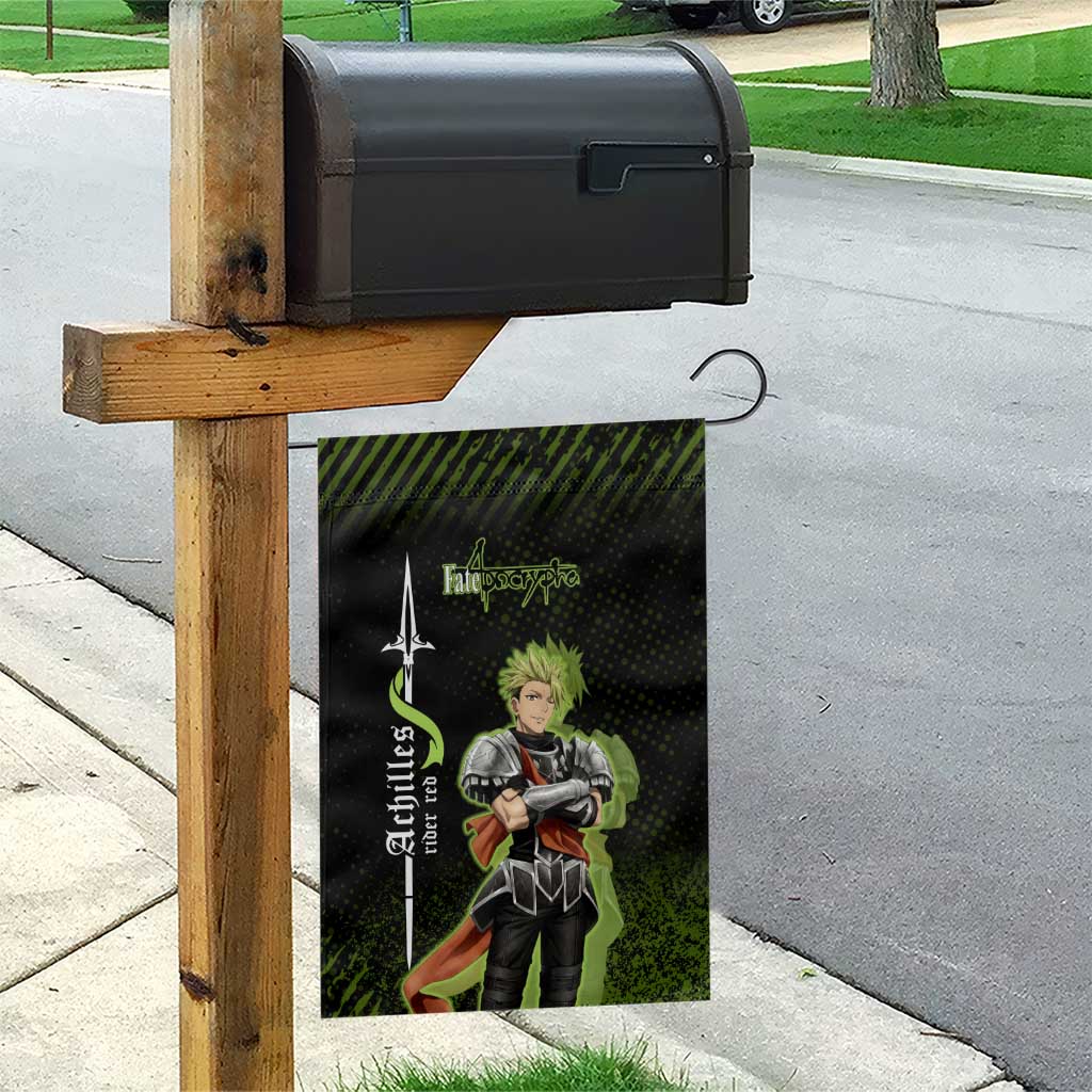 Achilles Fate Apocrypha Theme Garden Flag with Spear Pose and Green Black Grunge Graphic Design - The Mazicc