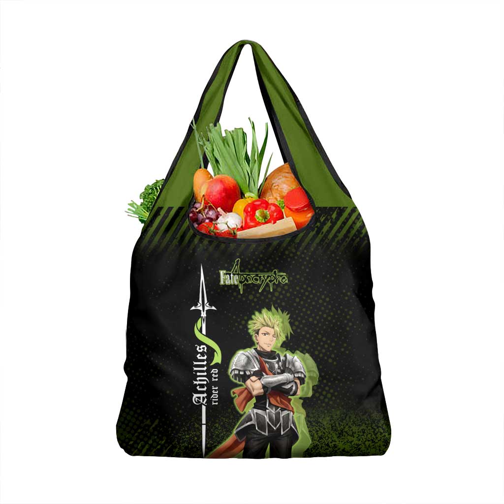 Achilles Fate Apocrypha Theme Grocery Bag with Spear Pose and Green Black Grunge Graphic Design - The Mazicc