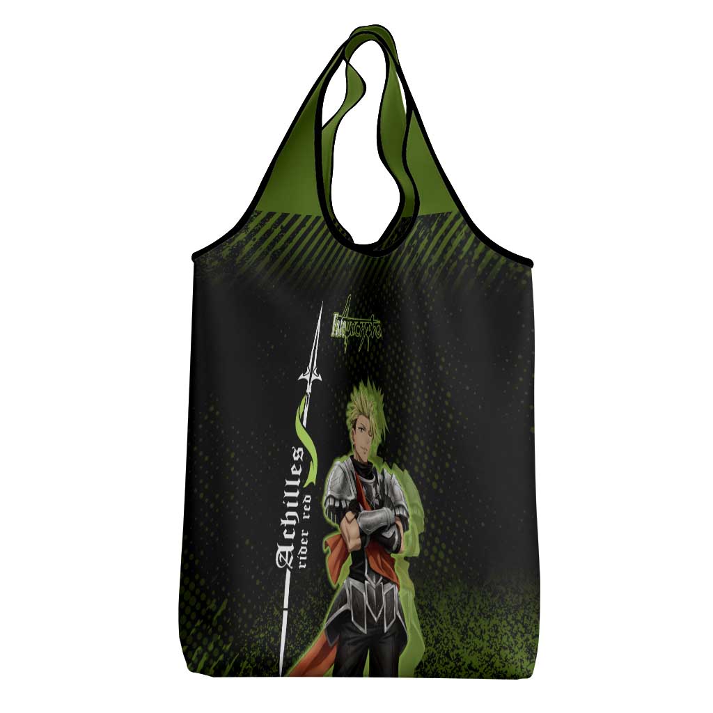 Achilles Fate Apocrypha Theme Grocery Bag with Spear Pose and Green Black Grunge Graphic Design - The Mazicc