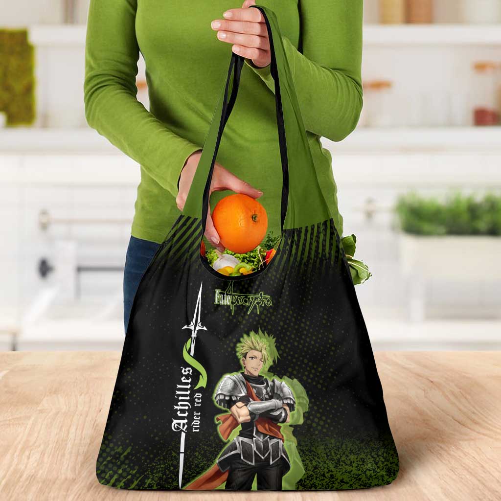 Achilles Fate Apocrypha Theme Grocery Bag with Spear Pose and Green Black Grunge Graphic Design - The Mazicc