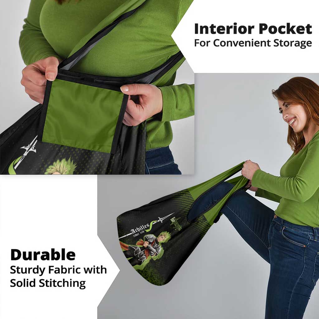 Achilles Fate Apocrypha Theme Grocery Bag with Spear Pose and Green Black Grunge Graphic Design - The Mazicc