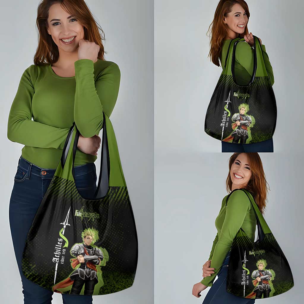 Achilles Fate Apocrypha Theme Grocery Bag with Spear Pose and Green Black Grunge Graphic Design - The Mazicc